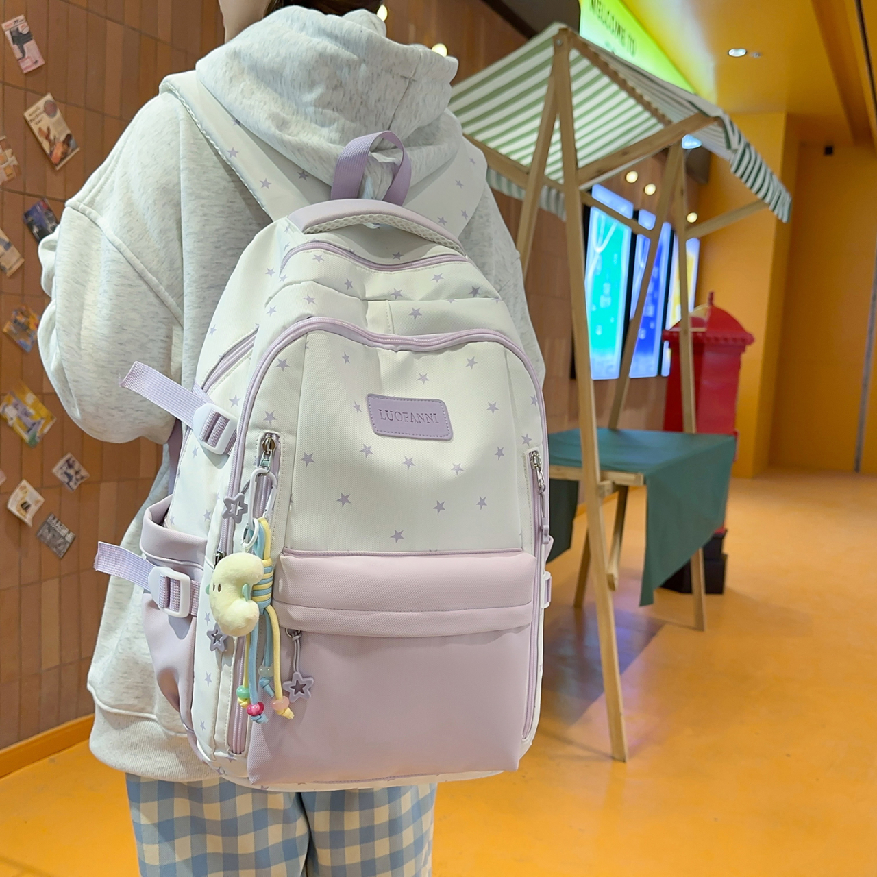 Women's Cream White & Yellow C - Canvas Backpack Casual บทวิจารณ์และราคา