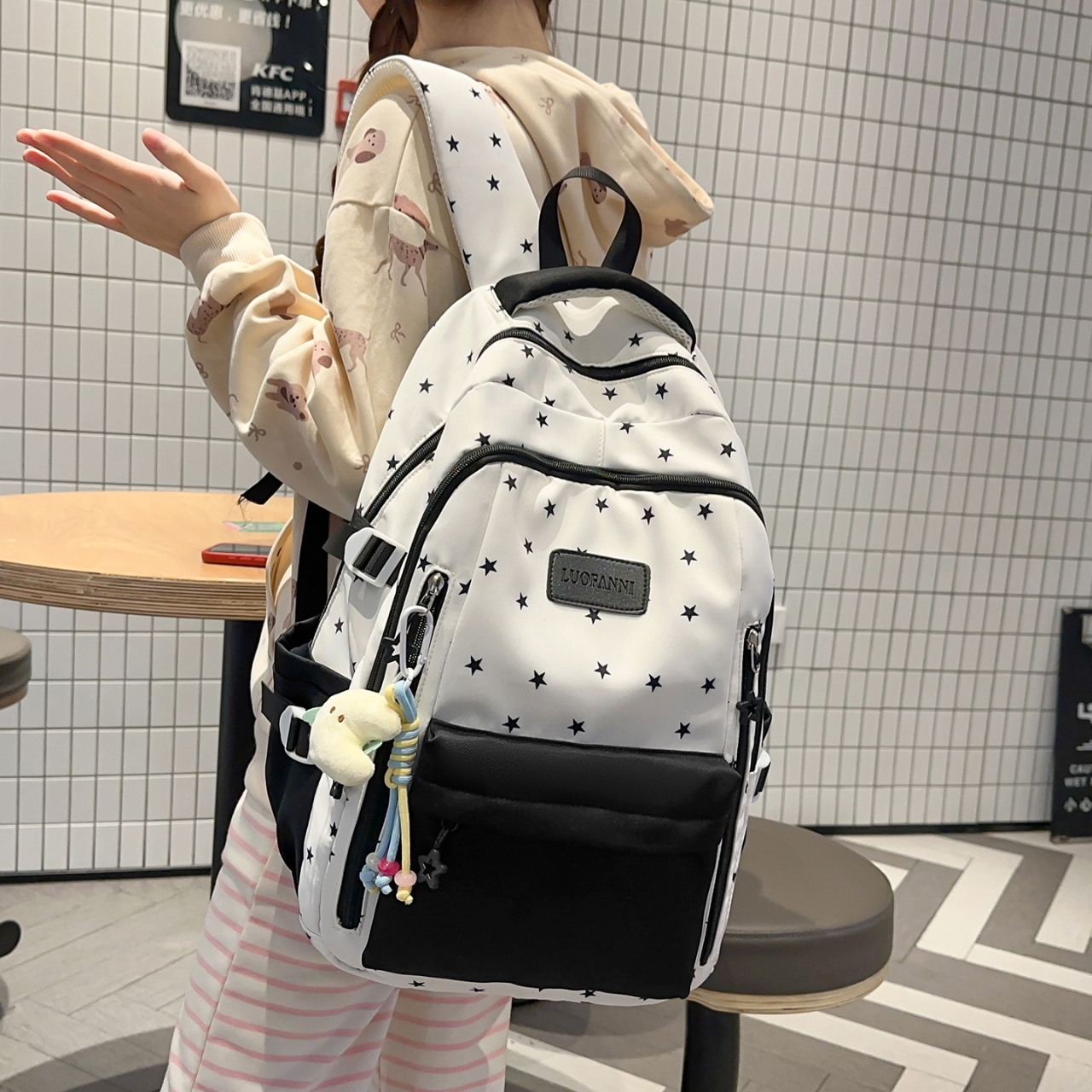 Women's Cream White & Yellow C - Canvas Backpack Casual บทวิจารณ์และราคา