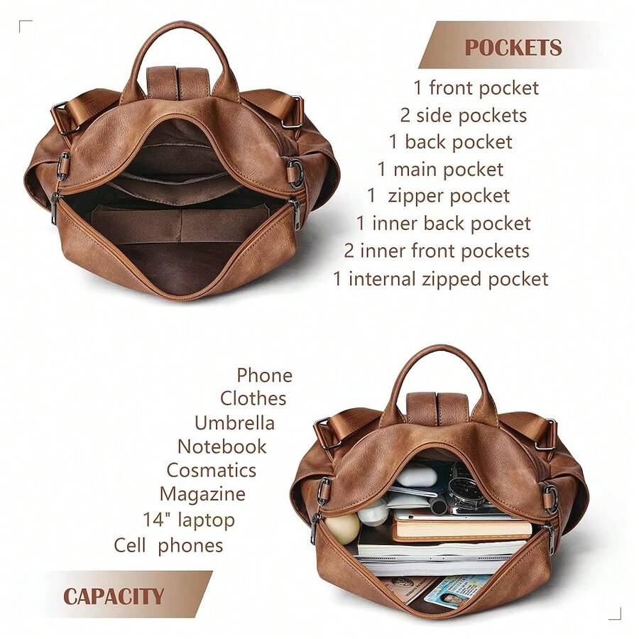 Women Fashion Vintage Brown PU - Leather Backpack Vintage บทวิจารณ์และราคา